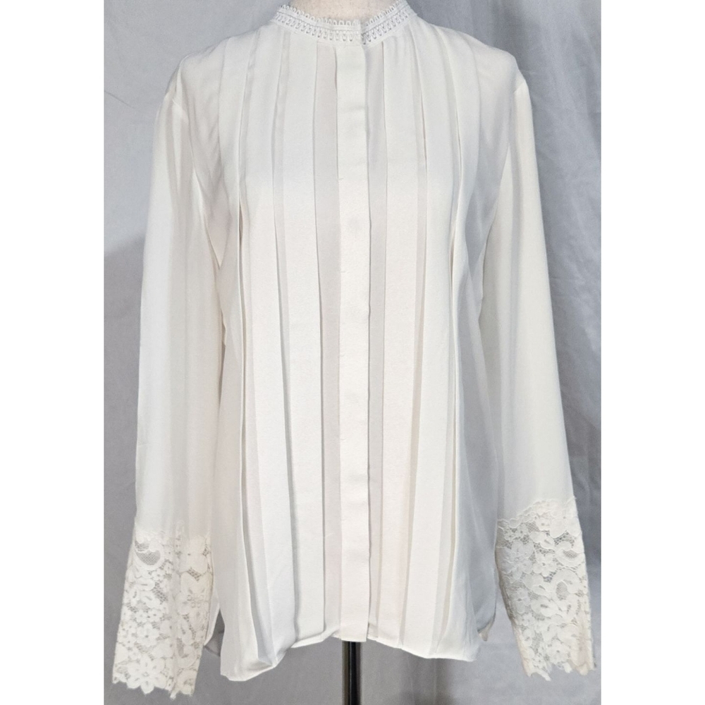 Elie Tahari White Silk Blouse Pintuck Lace Sleeveless Victorian Classic